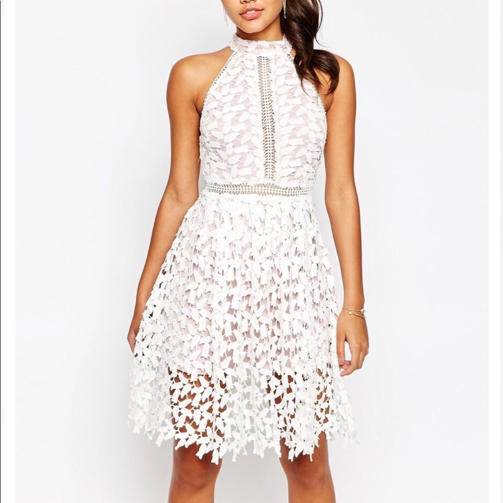 High neck lace cut out white midi dress